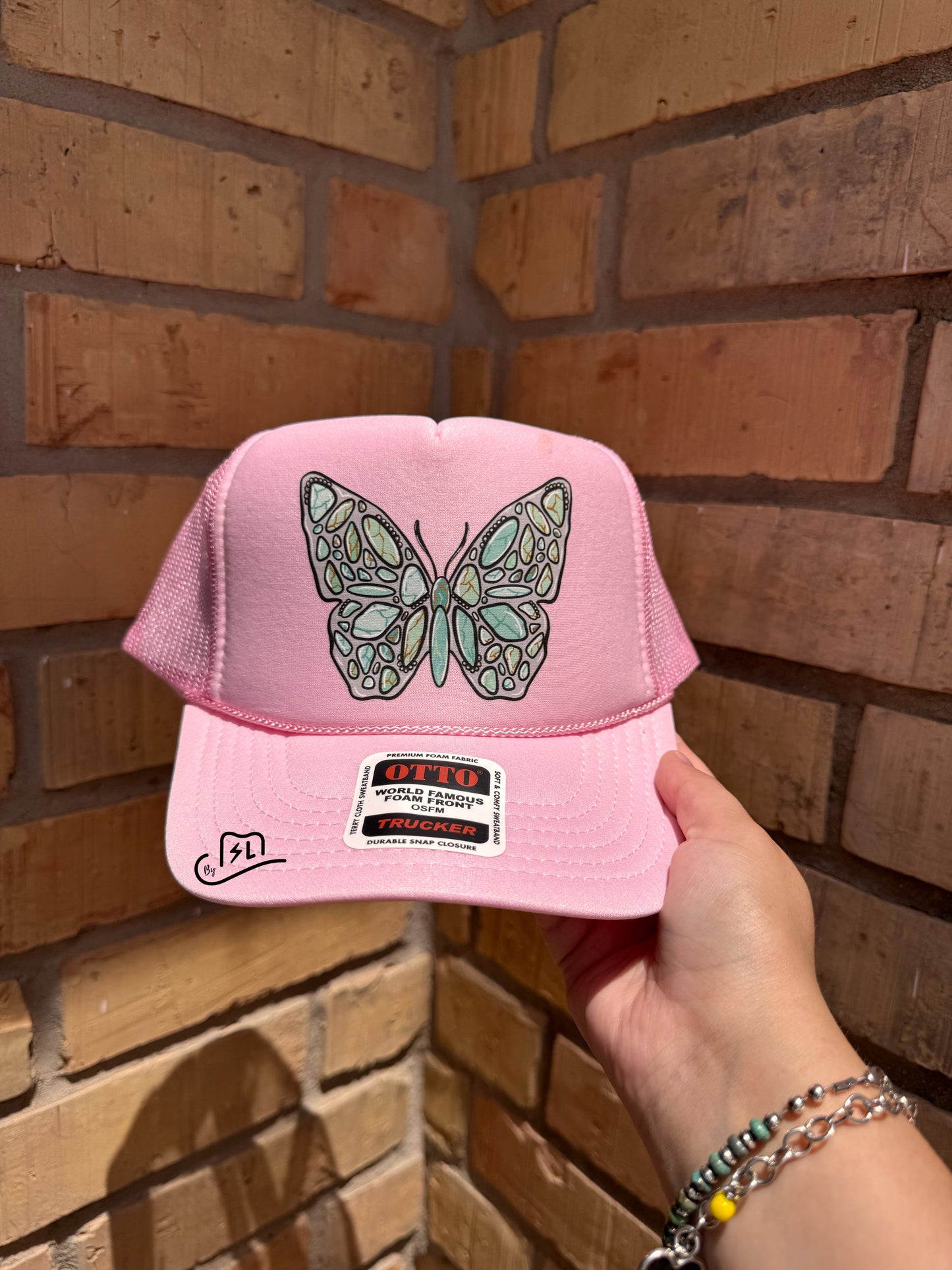 Turquoise butterfly trucker hat