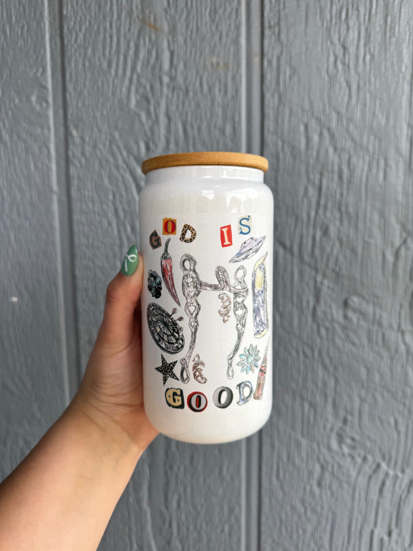 God is good shimmer glass cup