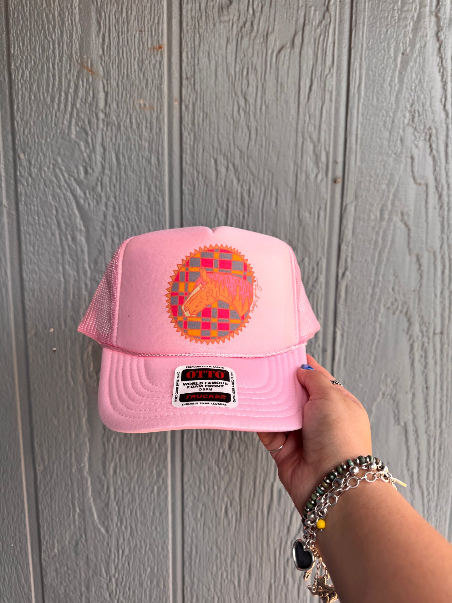 Plaid pony trucker hat