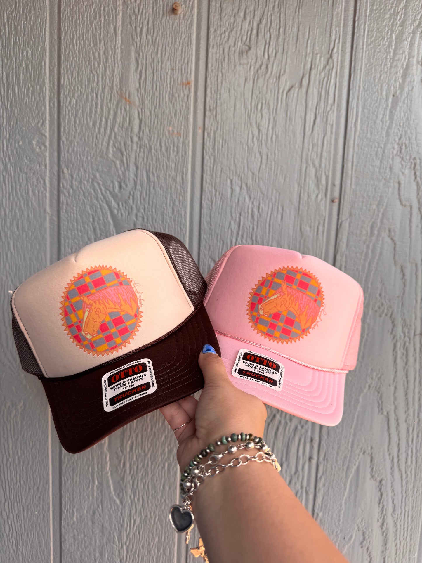 Plaid pony trucker hat