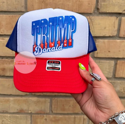 Red, white, and blue DTrump trucker