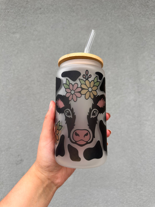 Floral cow frosted glass cup